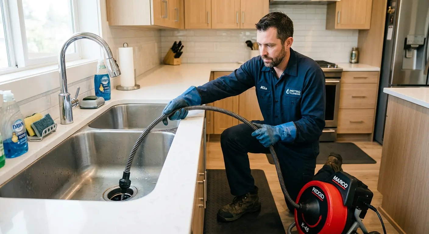 Drain cleaning technician using a motorized snake on a kitchen sink in Andrews