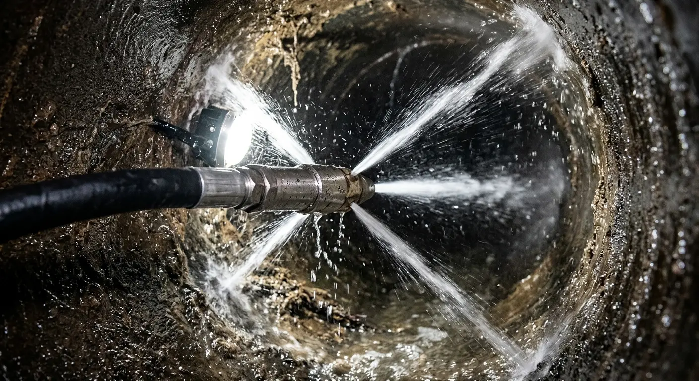 High-pressure hydro jetting nozzle cleaning sewer pipe for Emergency Drain Service in Andrews