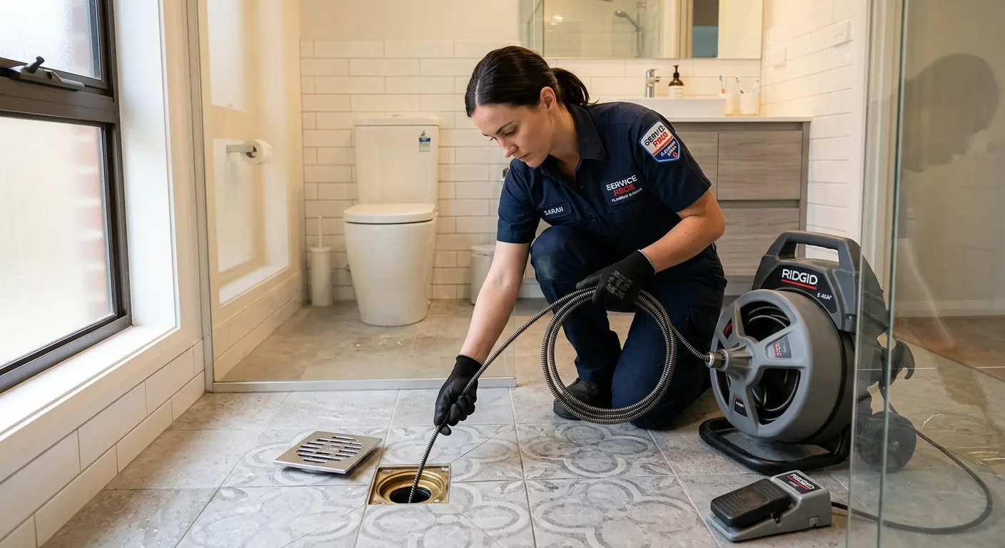 Technician clearing a bathroom floor drain for Sewer Line Installation in Andrews
